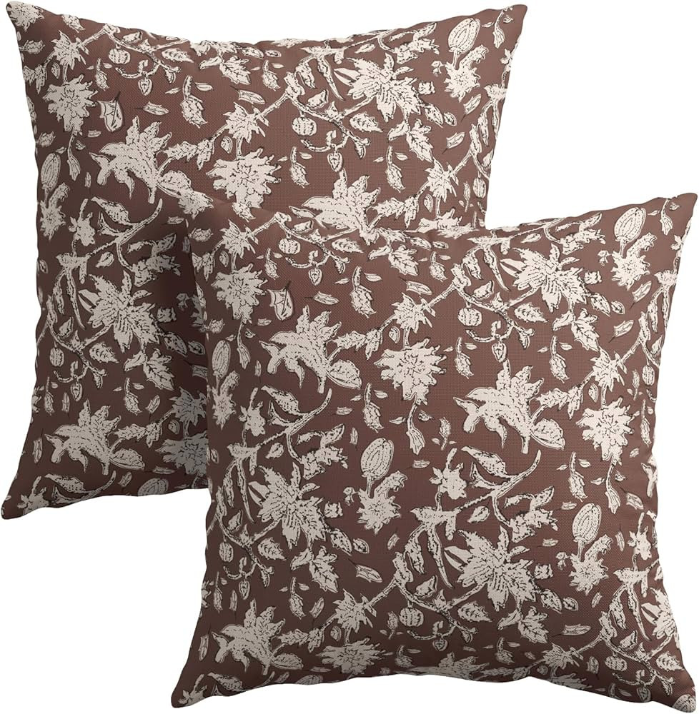 Reddish Brown Floral Block Print Throw Pillow Covers 20x20 Inch Set of 2 Vintage Boho Cottage Spr... | Amazon (US)