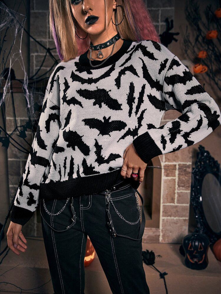 Bat Pattern Drop Shoulder Sweater | SHEIN