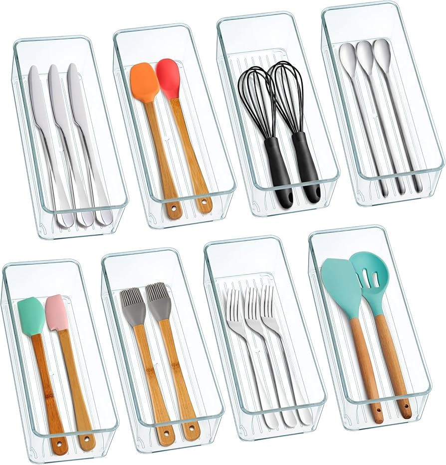 Hudgan 8 Pack Clear Plastic Drawer Organizer Bins Set, Stackable Cutlery Storage Bins Trays for O... | Amazon (US)