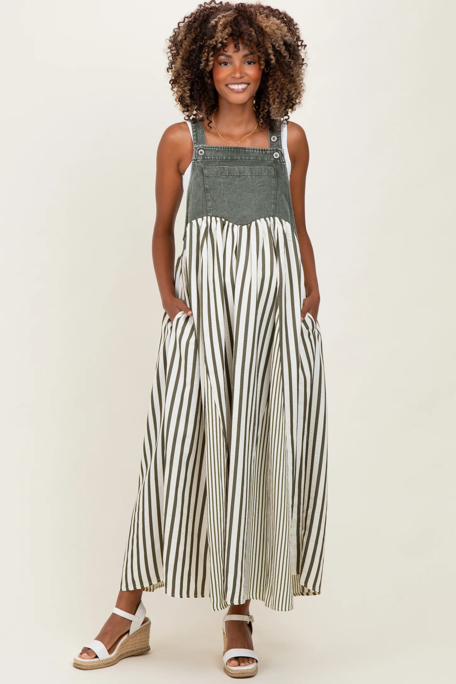 Olive Striped Colorblock Denim Contrast Maternity Maxi Dress | PinkBlush Maternity