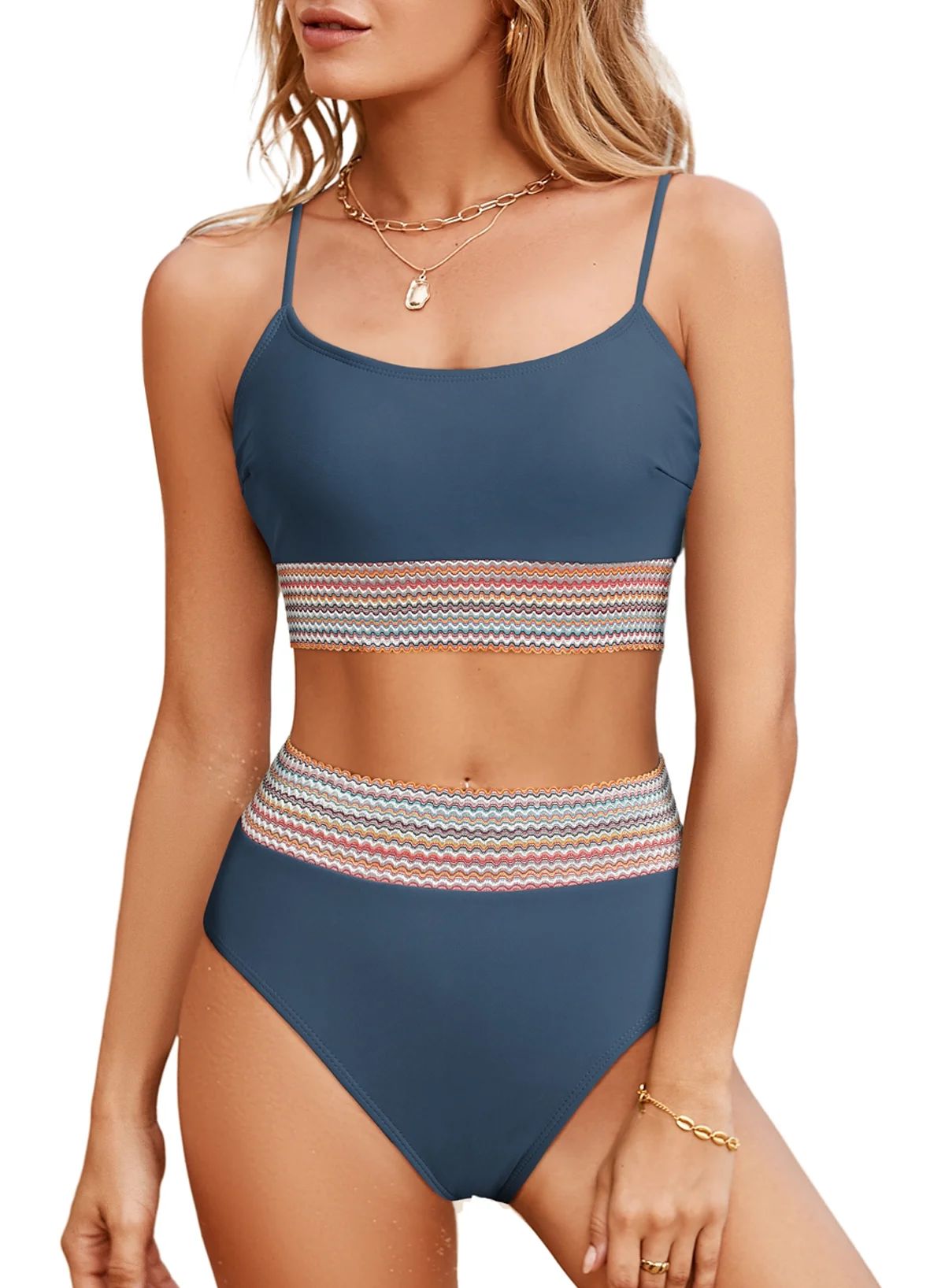 AlvaQ Women's Colorblock Trim Two Piece Bikini Swimsuit Set High Waisted Swimwear Dusk Blue M | Walmart (US)