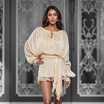 Women's Lantern Sleeve Ruffle Mini Dress Tie Up Front Pleated Swing Dress for Casual Summer Going... | Amazon (US)