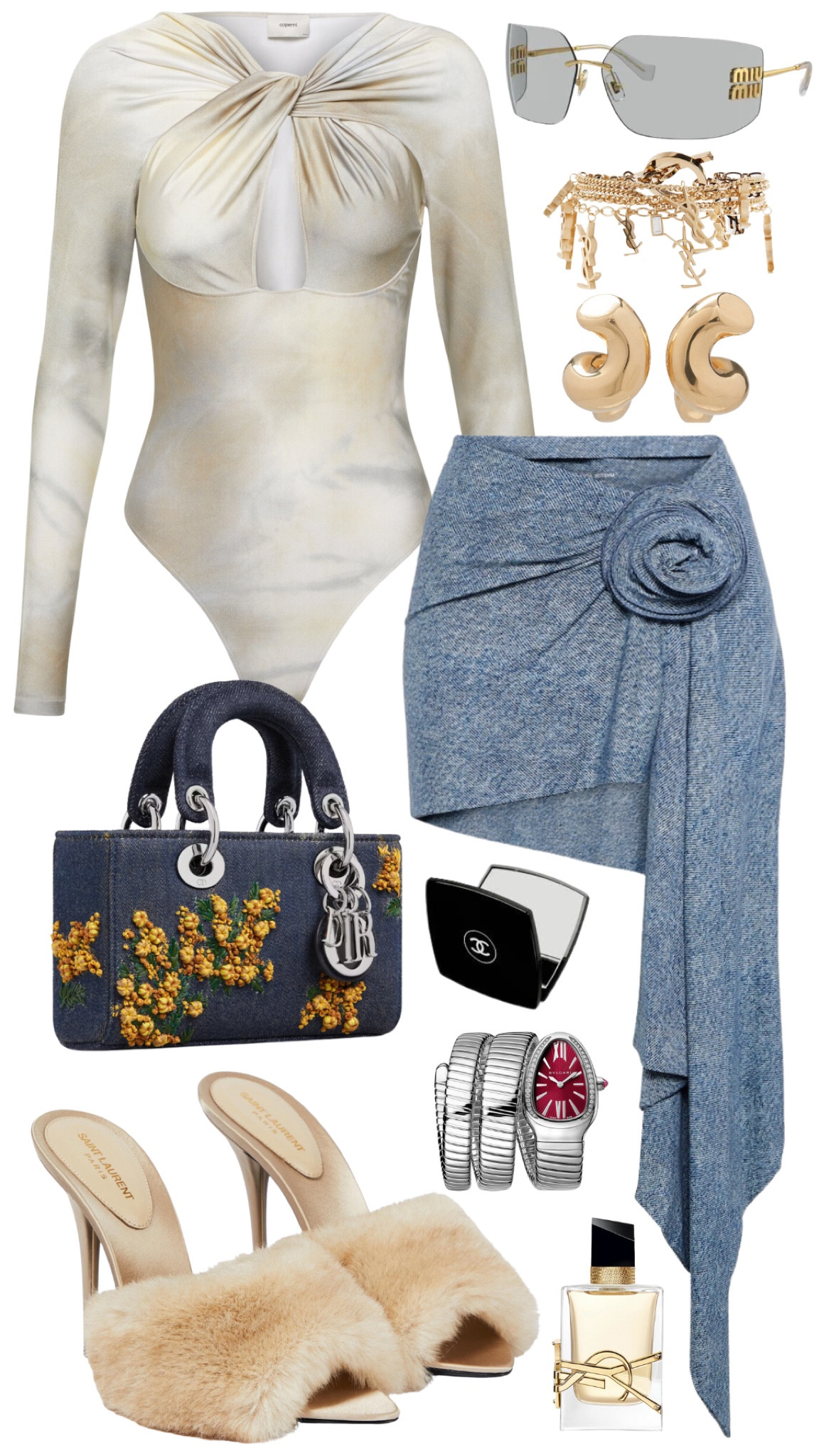 coperni top 
magda butrym skirt 
saint laurent mules 
dior djoy bag 
miu miu sunglasses 
bottega veneta earrings 
saint laurent bracelet 
bulgari serpenti watch
ysl libre perfume 
chanel double mirror 

#LTKbeauty #LTKstyletip #LTKFind