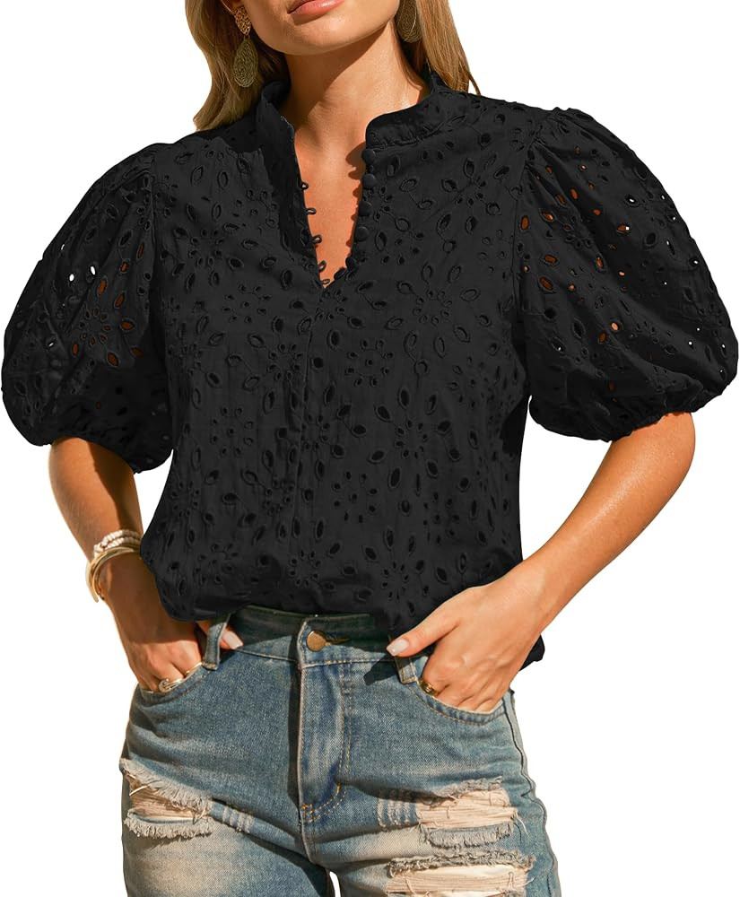 Womens Eyelet Summer Tops Lantern Short Sleeve Button V Neck Dressy Casual Blouses Hollow Out Emb... | Amazon (US)