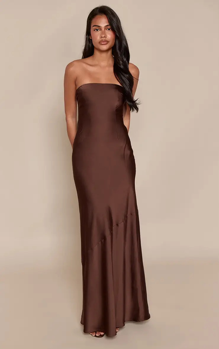 Chocolate Satin Bandeau Cowl Back Maxi Dress | PrettyLittleThing USA | PrettyLittleThing US