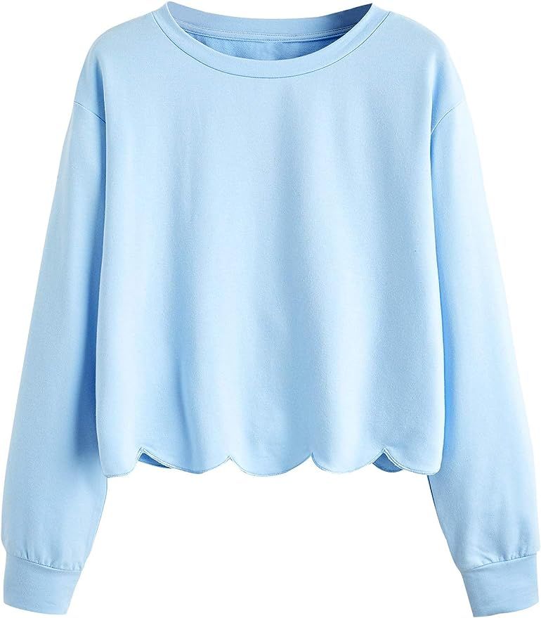 Romwe Women's Casual Long Sleeve Scalloped Hem Crop Tops Sweatshirt | Amazon (US)