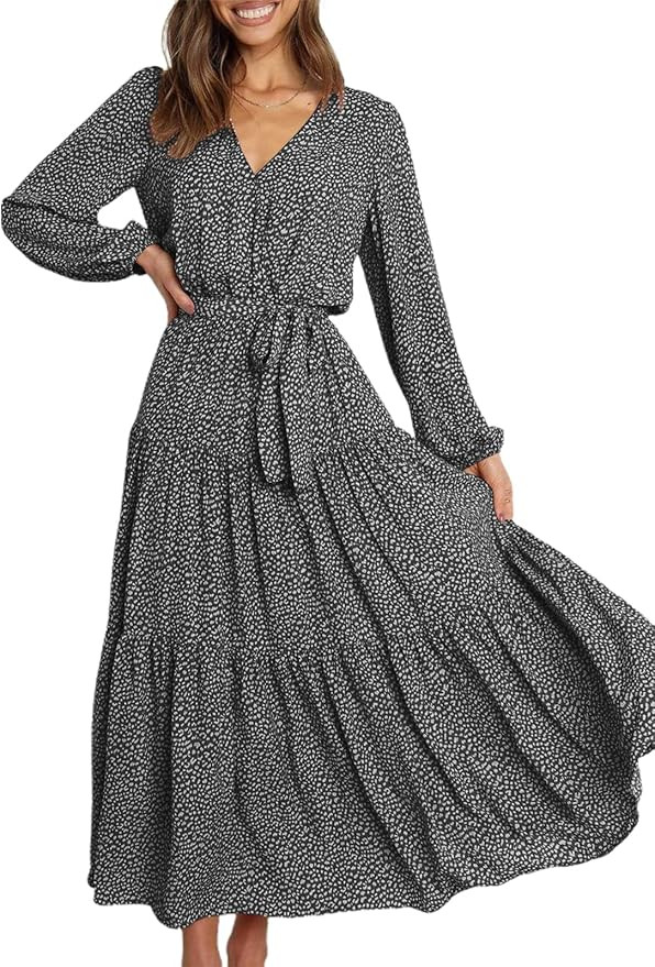 PRETTYGARDEN Women's Long Sleeve V Neck Leopard Print Ruffle Maxi Dress Tie Waist Boho Chiffon Fl... | Amazon (US)
