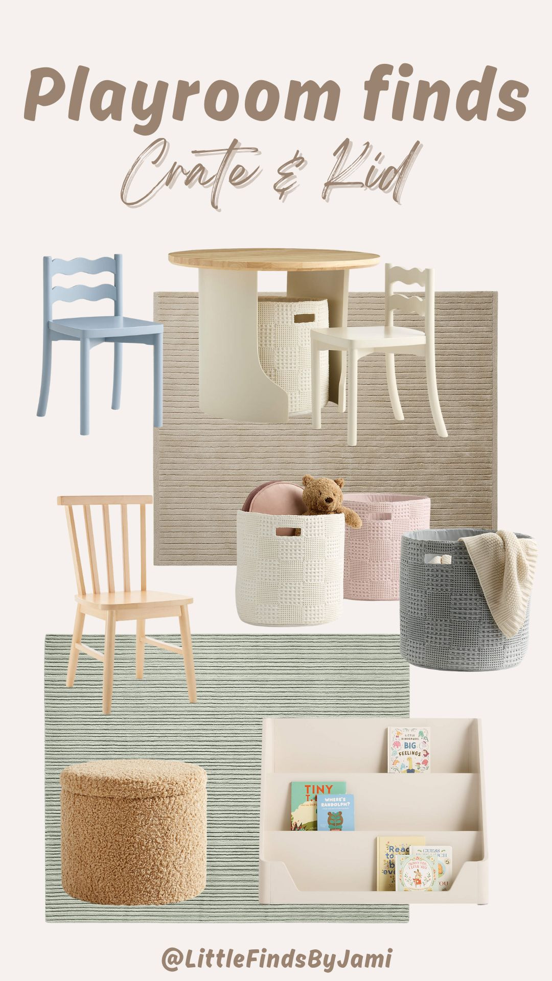 Play room finds at Crate & Barrel. Toddler boys and girls. Table. Bookshelf. Fun mom finds. Home. Area rug. Neutral style.  

 #LTKmomlife #LTKHome #LTKKids