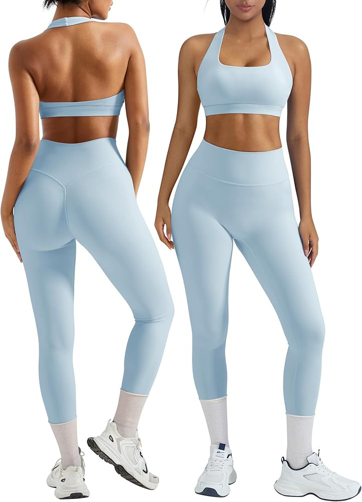 OMKAGI 2 Piece Workout Sets for Women Halter Sports Bras Gym Sets Booty Leggings Outfits | Amazon (US)