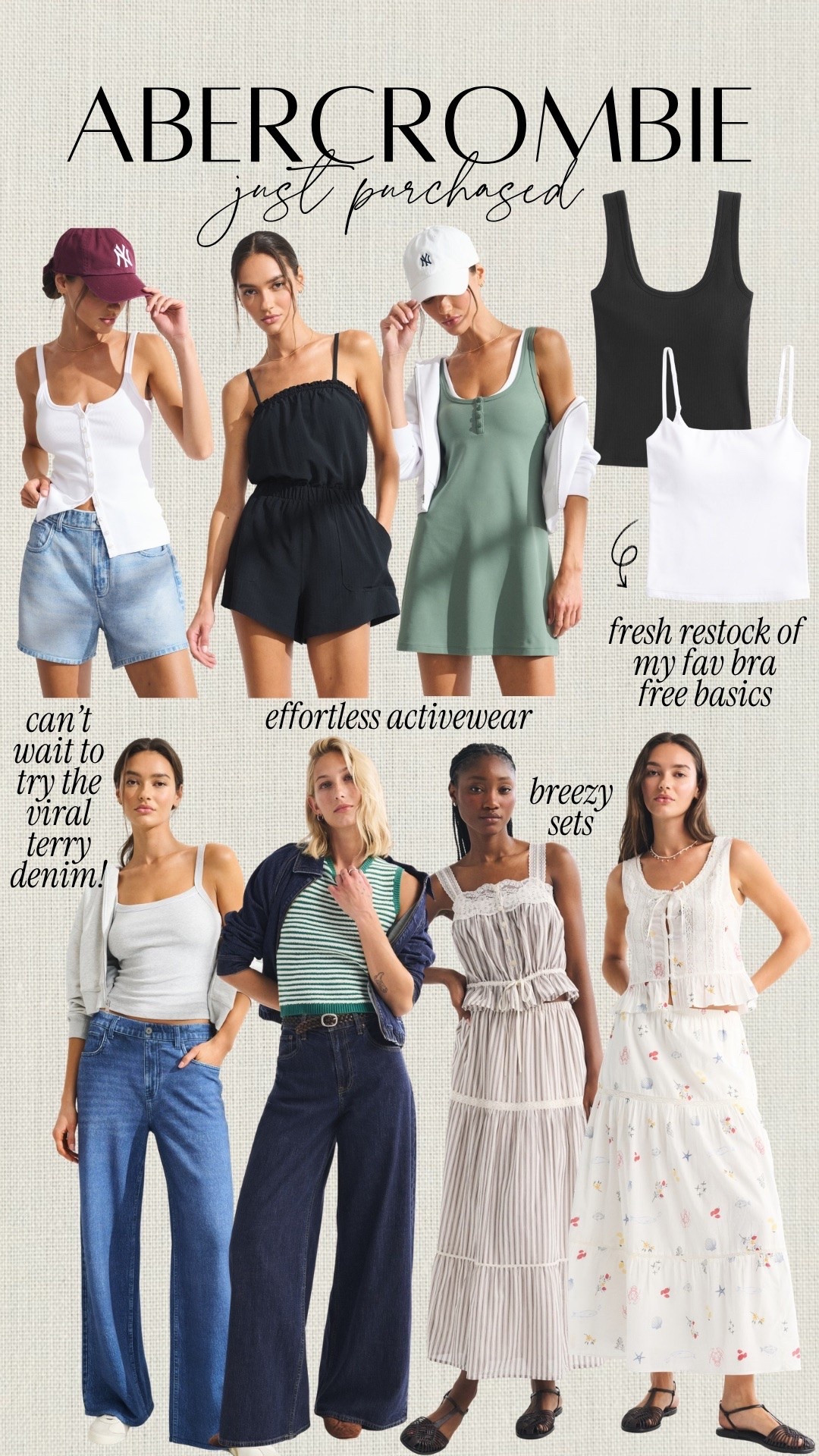 My recent @abercombie order!! Restocked on bra free basics, snagged a couple chic summer sets, throw on and go activewear and the viral terry denim + shorts

#LTKActive