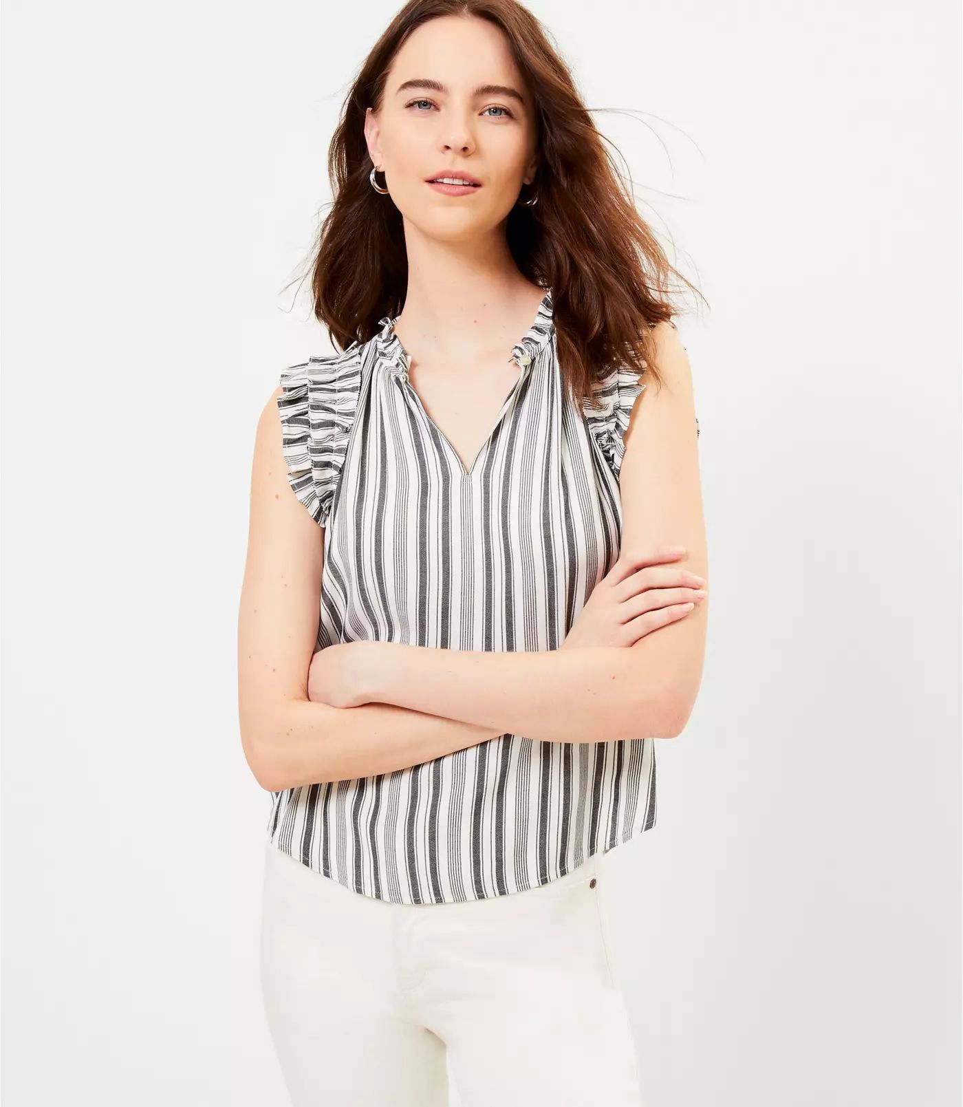 Striped Ruffle Split Neck Shell | LOFT