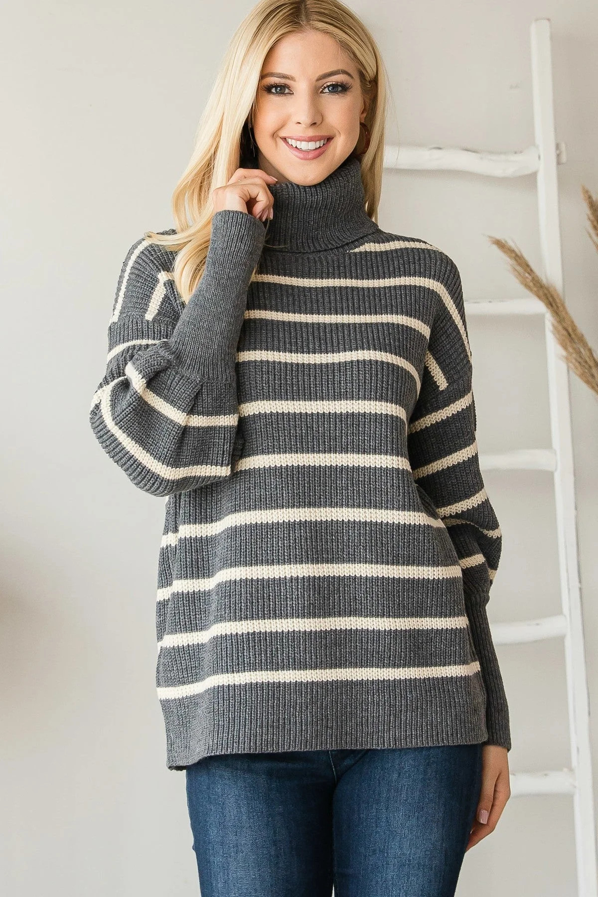 Heavy Knit Striped Turtle Neck Knit Sweater | Shop Simon