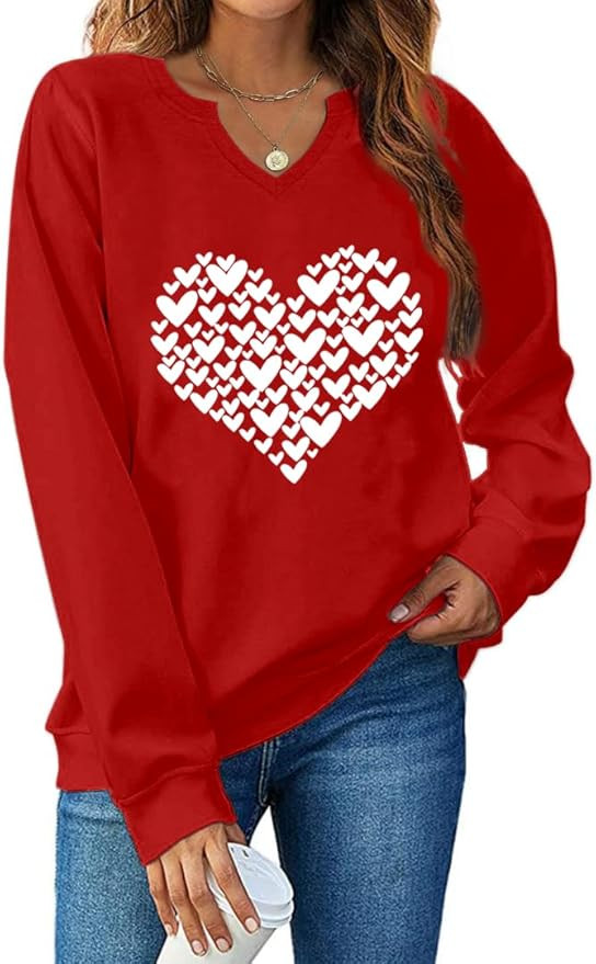 Ymoshoe Women V-Neck Valentine Sweatshirt Love Heart Elbow Patch Shirts Gift for Her | Amazon (US)