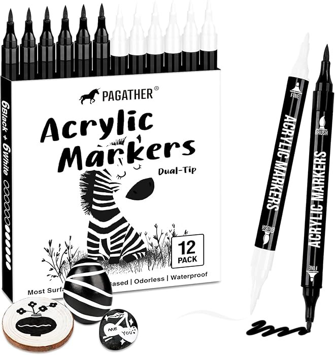 Pagather Black and White Acrylic Paint Markers, 12 Pack Dual Tip with Fine Tip and Brush Tip Pens... | Amazon (US)