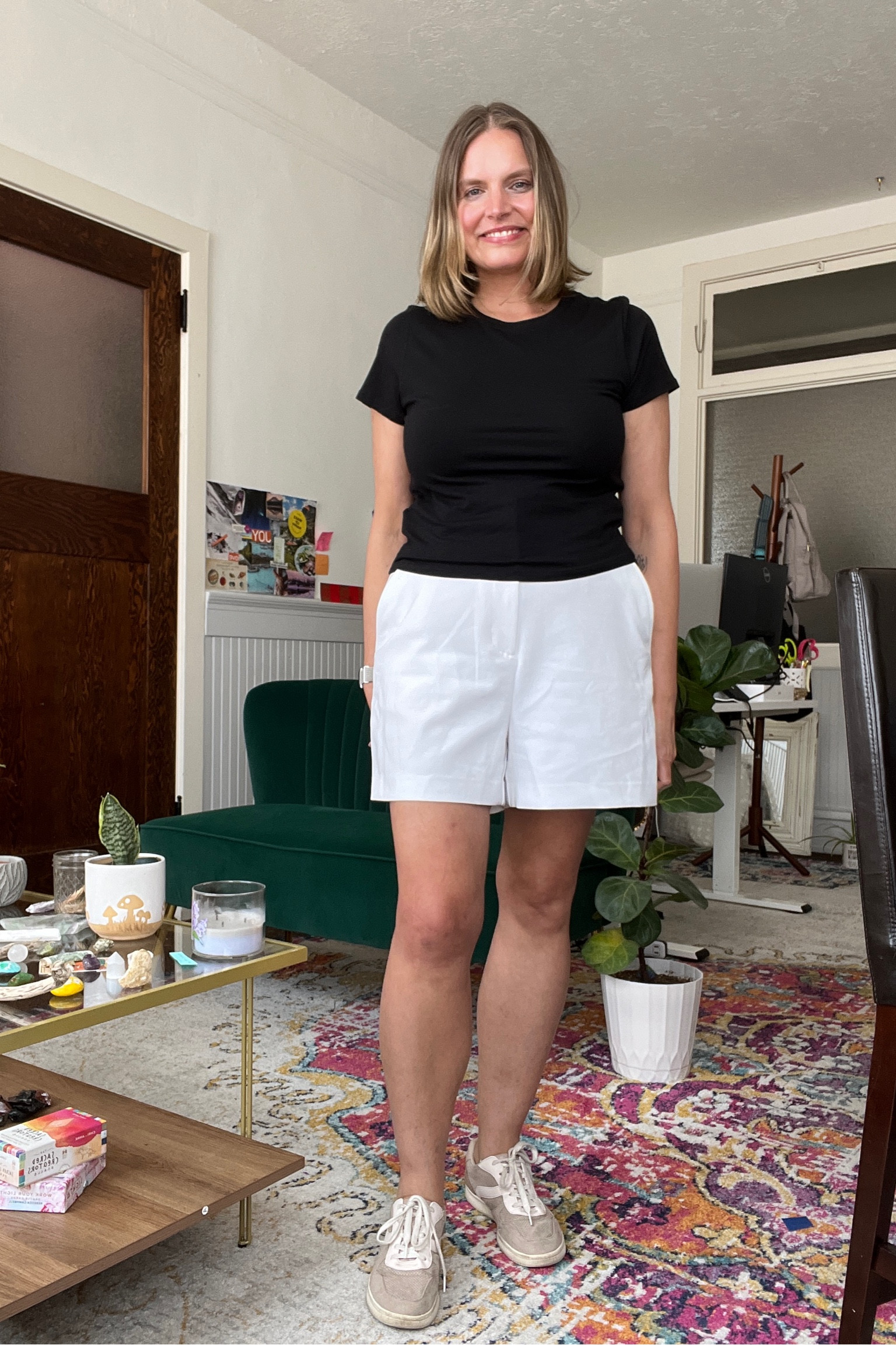 Summer outfit code: black T-shirt, white, trouser, shorts, and sneakers  

#LTKSeasonal #LTKmidsize #LTKstyletip