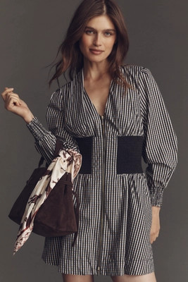 The Tommie Long-Sleeve Smocked Front-Zip Mini Shirt Dress | Anthropologie (US)