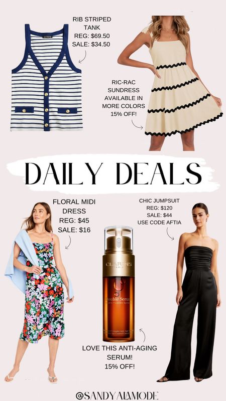 Daily deals // summer outfits // spring outfits // floral dress // ric rac dress // Amazon fashion // clarins double serum // skincare // jumpsuit // wedding guest dress 

#LTKfindsunder100 #LTKsalealert #LTKSeasonal