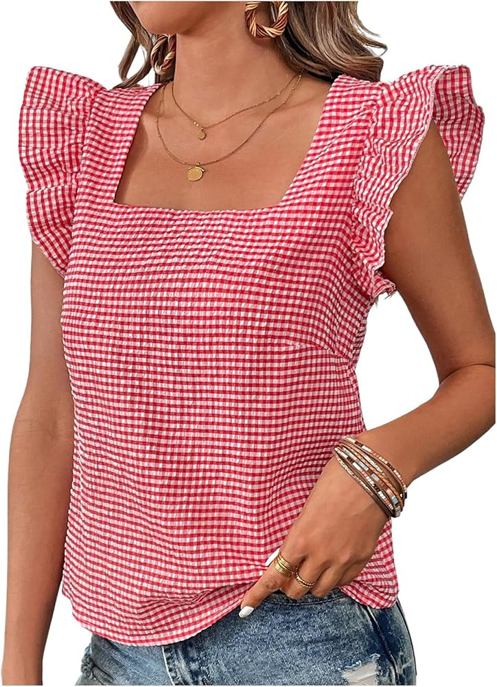MakeMeChic Women's Gingham Print Blouse Top Square Neck Ruffle Short Sleeve Boho Casual Shirts | Amazon (US)