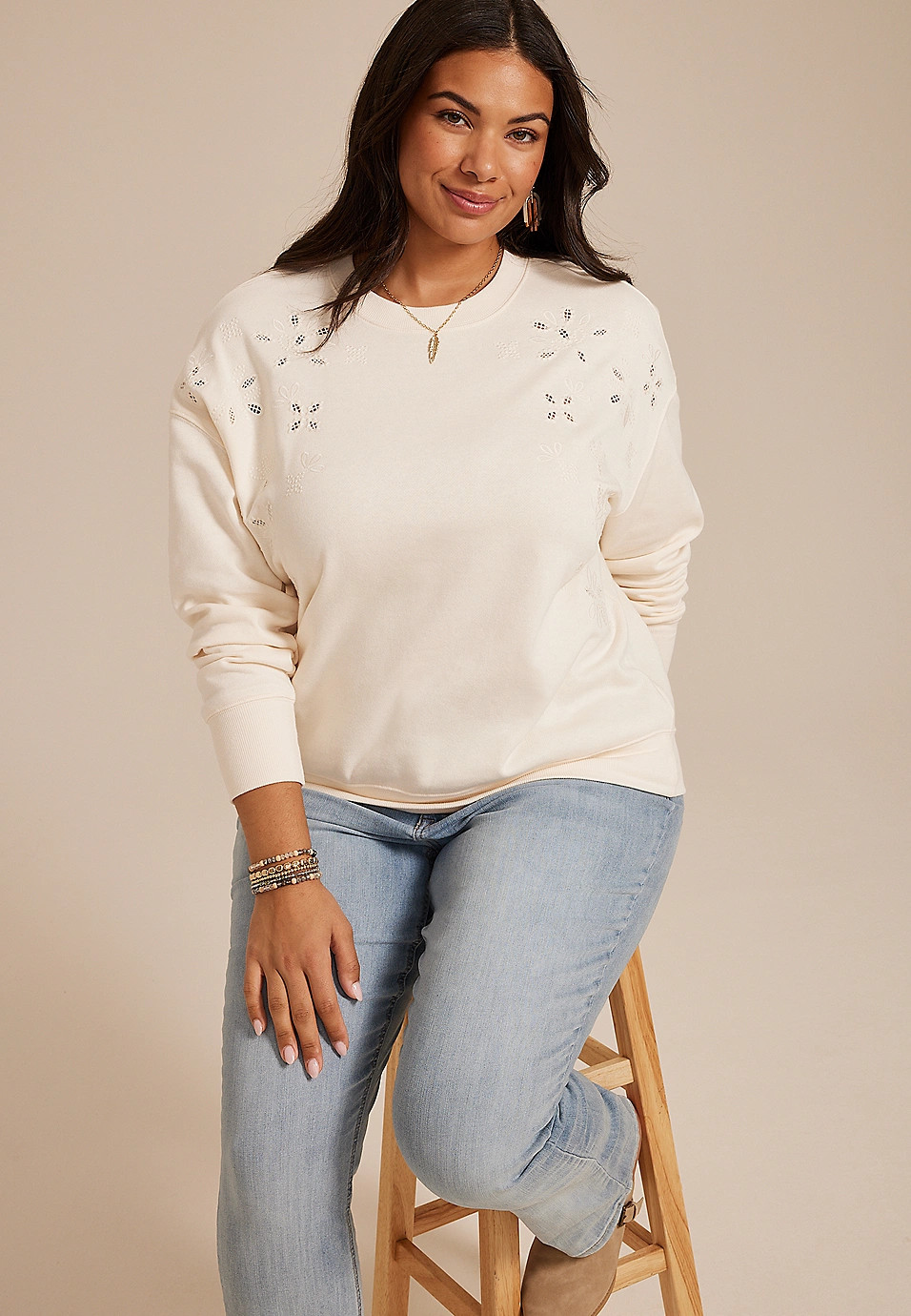 Plus Size Floral Embroidered Crew Neck Sweatshirt | Maurices