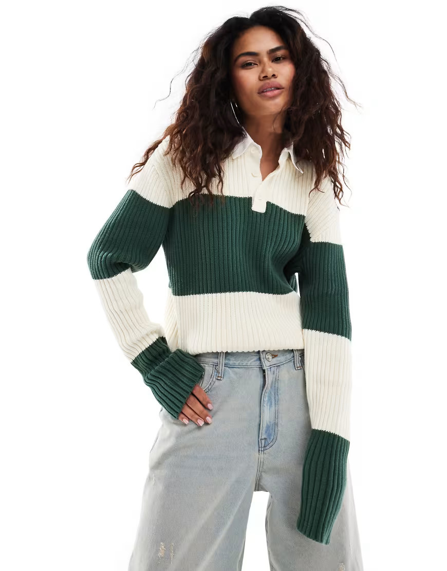 Lioness polo collar rugby stripe knitted jumper in green and cream-Multi | ASOS (Global)