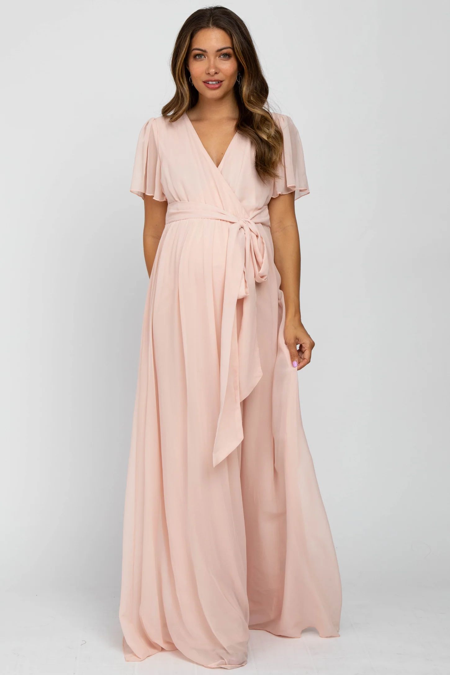 Light Pink Chiffon Short Sleeve Maternity Maxi Dress | PinkBlush Maternity