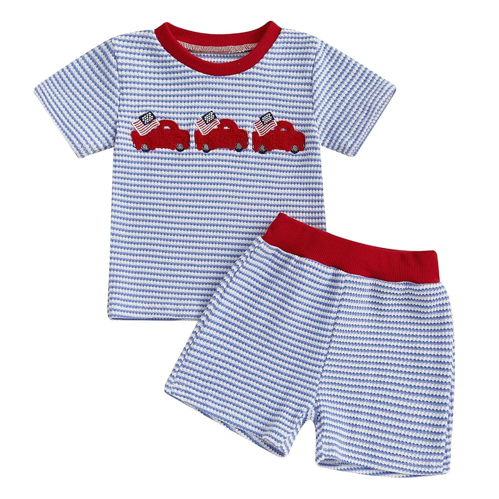 Toddler Baby Boy 4th of July Outfit Truck Flag Embroidery Stripe Waffle Knit Short Sleeve T Shirt... | Amazon (US)
