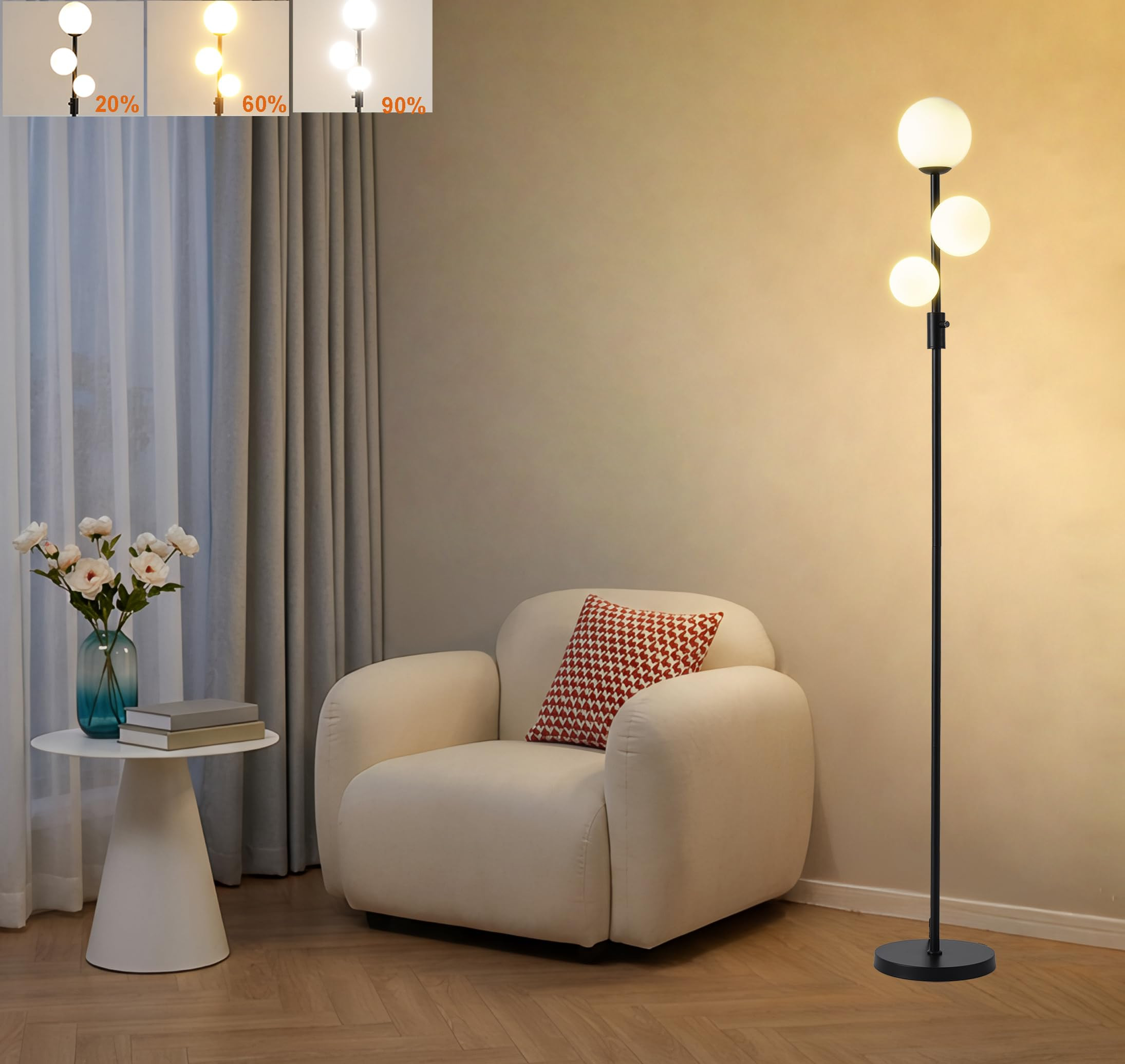 Fiqevs Upgraded Dimmable 3 Globe Mid Century Modern Floor Lamp, 3 x 3000K Warm Light LED Bulbs In... | Amazon (US)