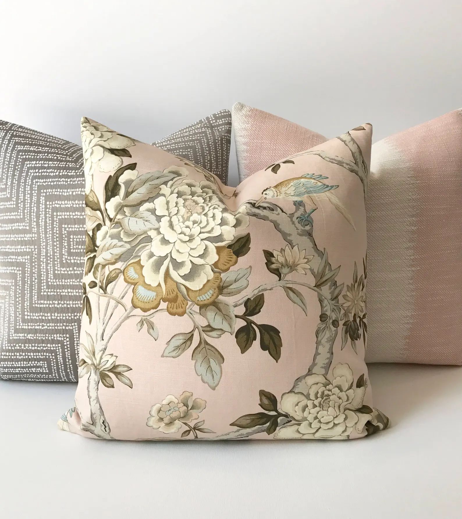 Blush pink and green bird floral decorative pillow cover | Etsy (US)
