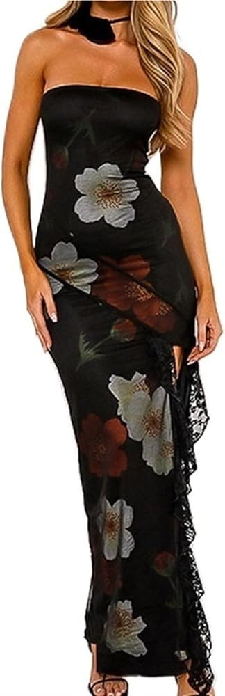 Women's Maxi Bodycon Dress - Strapless Printed Panel Long Party Club Slit Dress | Amazon (US)
