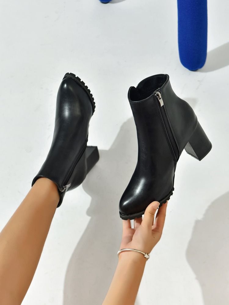 Zipper Side Point Toe Chunky Heeled Classic Boots | SHEIN