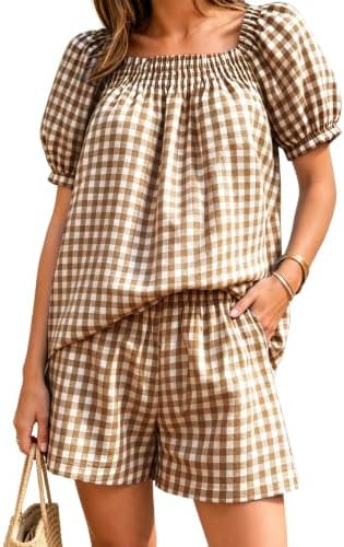 Yeokou Women Plaid 2 Piece Summer Casual Puff Sleeve Smocked Babydoll Shirt Wide Leg Shorts Match... | Amazon (US)