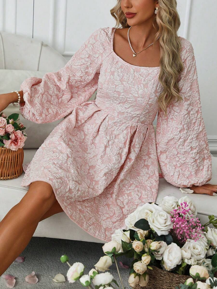 Chiquease Jacquard Lantern Sleeve Fold Pleated Detail Dress | SHEIN EUQS | SHEIN