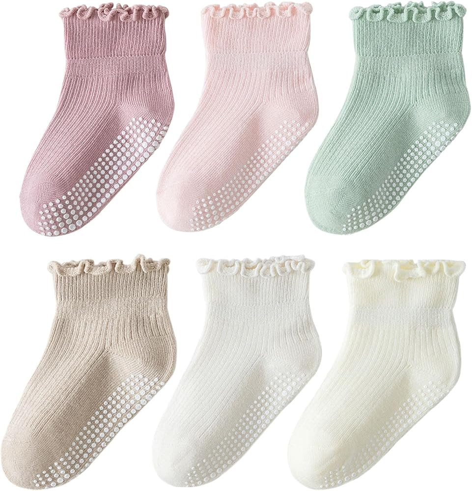 ANYANIME 6 Pairs Toddler Ruffle Socks for Girls Baby Grip Socks Non Slip Socks Cute Grippy Frilly | Amazon (US)