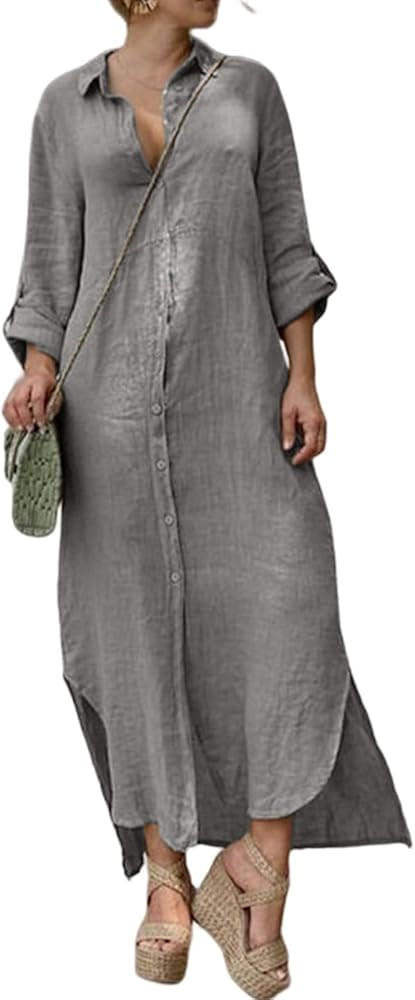 Women Button Down Cotton Linen Long Shirt Dress Casual 3/4 Rolled-Up Sleeve Side Split Button Dow... | Amazon (US)