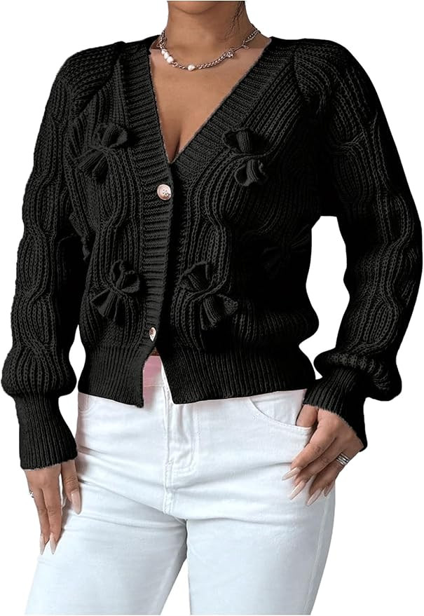 Verdusa Women's Bow Button Down Cardigans Long Sleeve V Neck Chunky Knit Sweater Outerwear | Amazon (US)