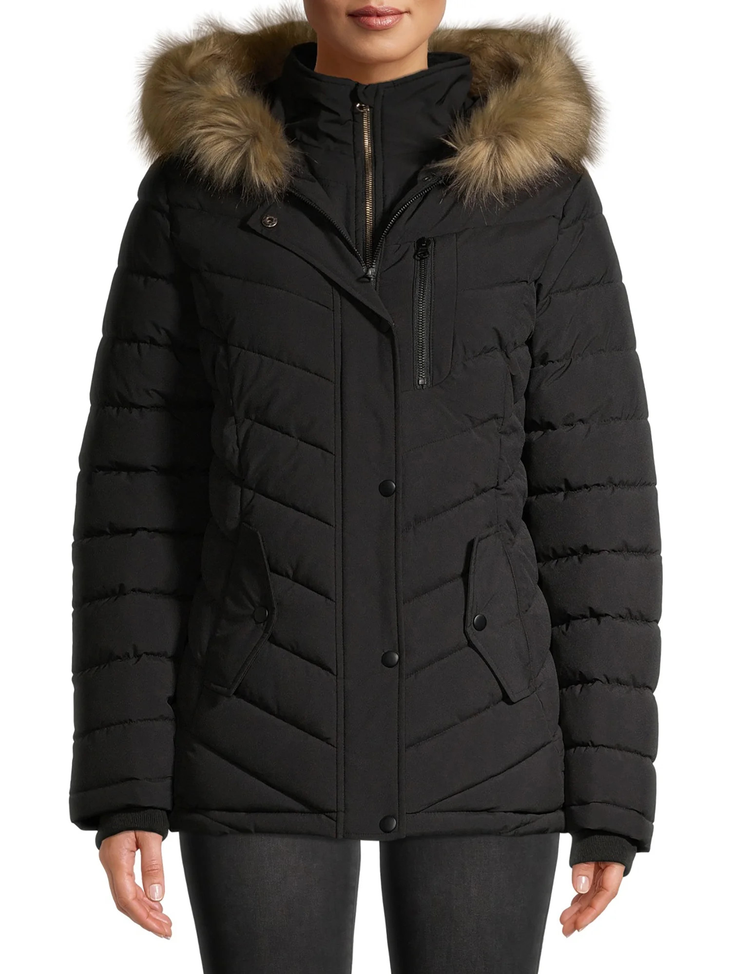 Swiss Tech Women's Bibbed Solarball Puffer Coat with Faux Fur Trimmed Hood | Walmart (US)