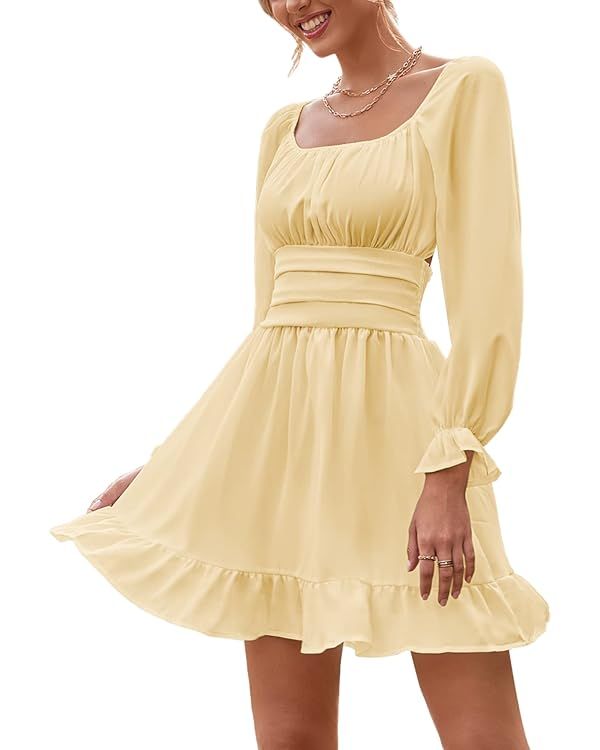 LYANER Women's Square Neck Tie Back Elastic Waist Long Sleeve Ruffle Hem Mini Dress | Amazon (US)