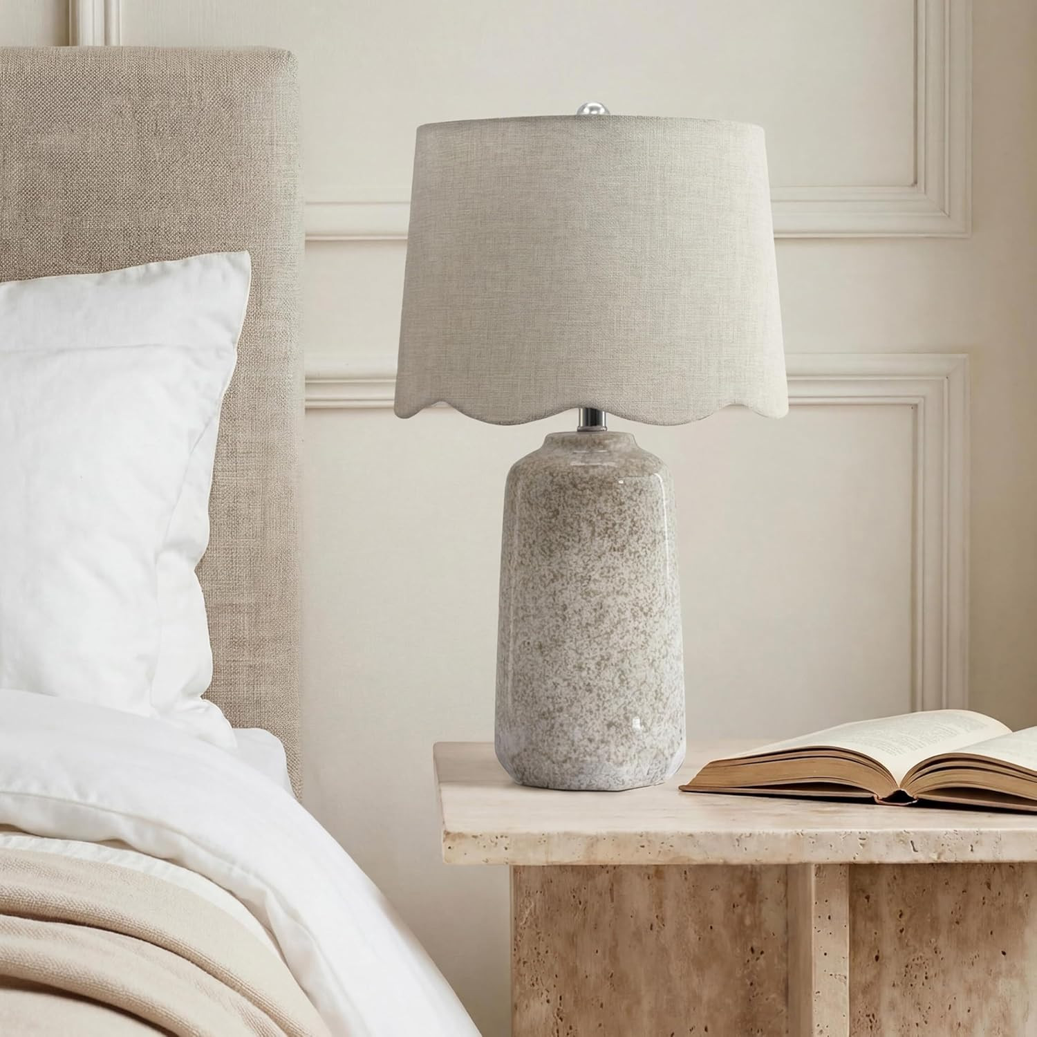 Abani Flora Scalloped 24” Table Lamp – Greige Ceramic Base with Wheat Linen Cylinder Shade, E... | Amazon (US)