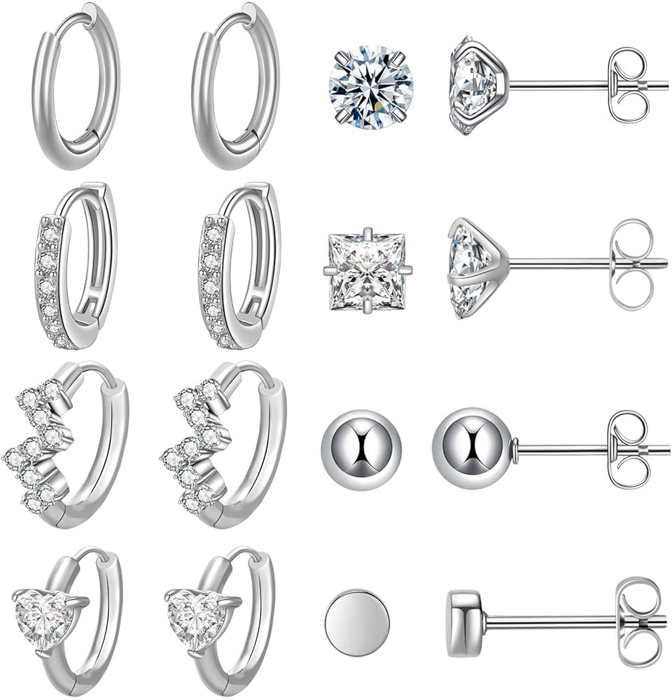 Surgical Steel Earrings Sets for Multiple Piercing Lightweight Small Huggie Hoop Earrings CZ Stud... | Amazon (US)