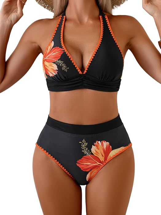 Womens Bikini Sets High Waisted Swimsuit Halter V Neck Shell Stitched Two Piece Bathing Suits | Amazon (US)