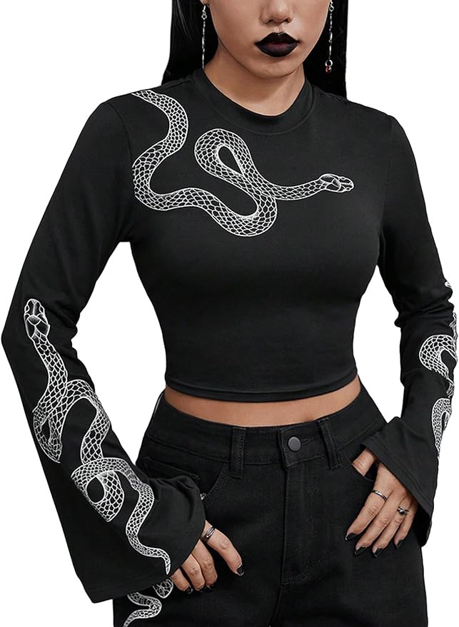 SHENHE Women's Snake Print Crew Neck Flare Long Sleeve Graphic T Shirt Goth Crop Top | Amazon (US)