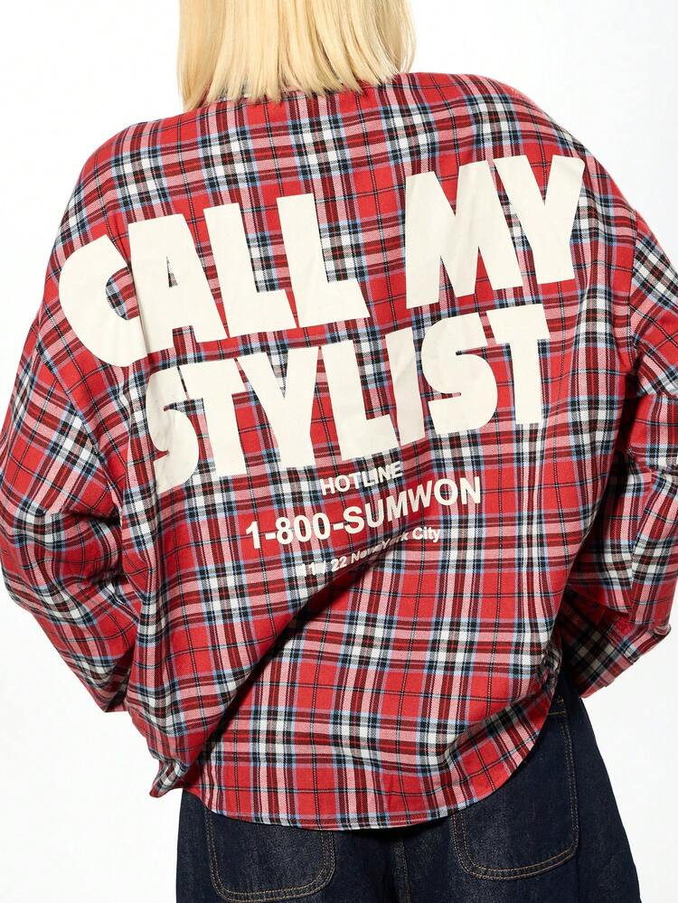 SUMWON WOMEN Cotton Oversized Plaid Check Long Sleeve Button Down Shirt With Call My Stylist Print Fall Winter Streetwear Holiday Collection | SHEIN