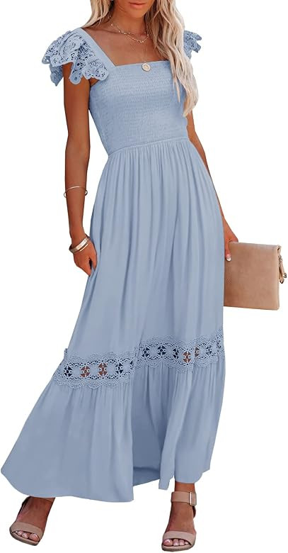 Ferlema Womens Summer Boho Lace Strap Sleeveless Square Neck Ruffle A Line Flowy Beach Long Maxi ... | Amazon (US)