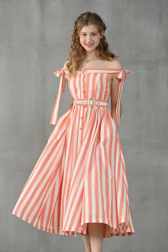 Striped Linen Dress Tied Waist Linen Dress Long Linen Dress - Etsy UK | Etsy (UK)