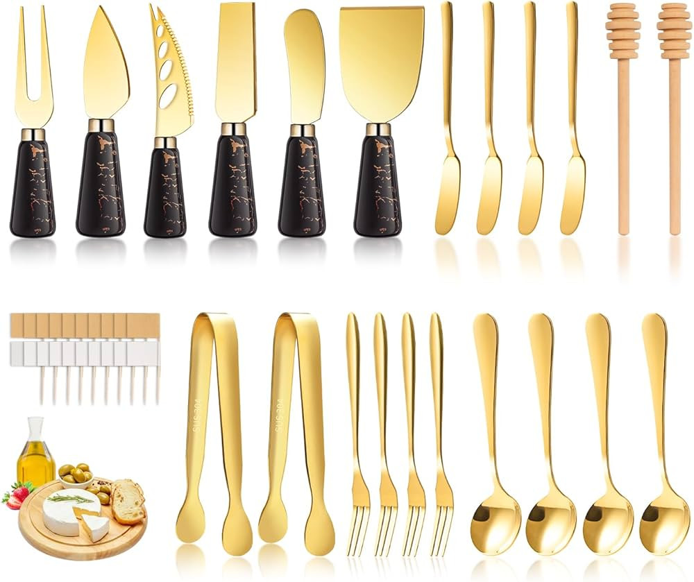 Marble Gold and Black Cheese Knife Set, Ceramic Handle Charcuterie Board Accessories Butter Sprea... | Amazon (US)