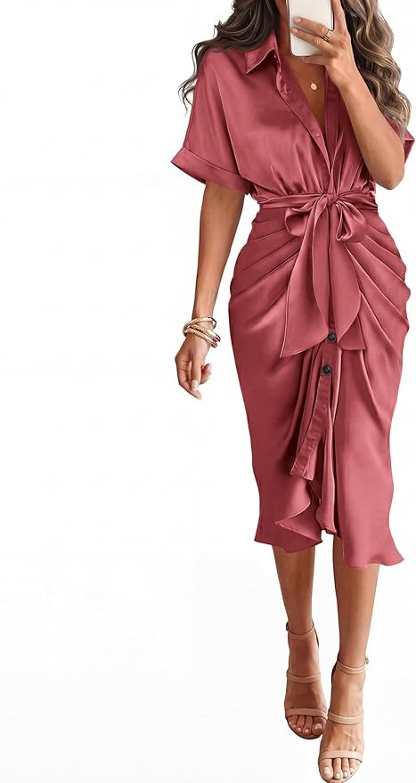 BTFBM Dresses for Women Summer Button Short Sleeve Silk Satin Ruched Spring Maxi Dress 2026 Cockt... | Amazon (US)