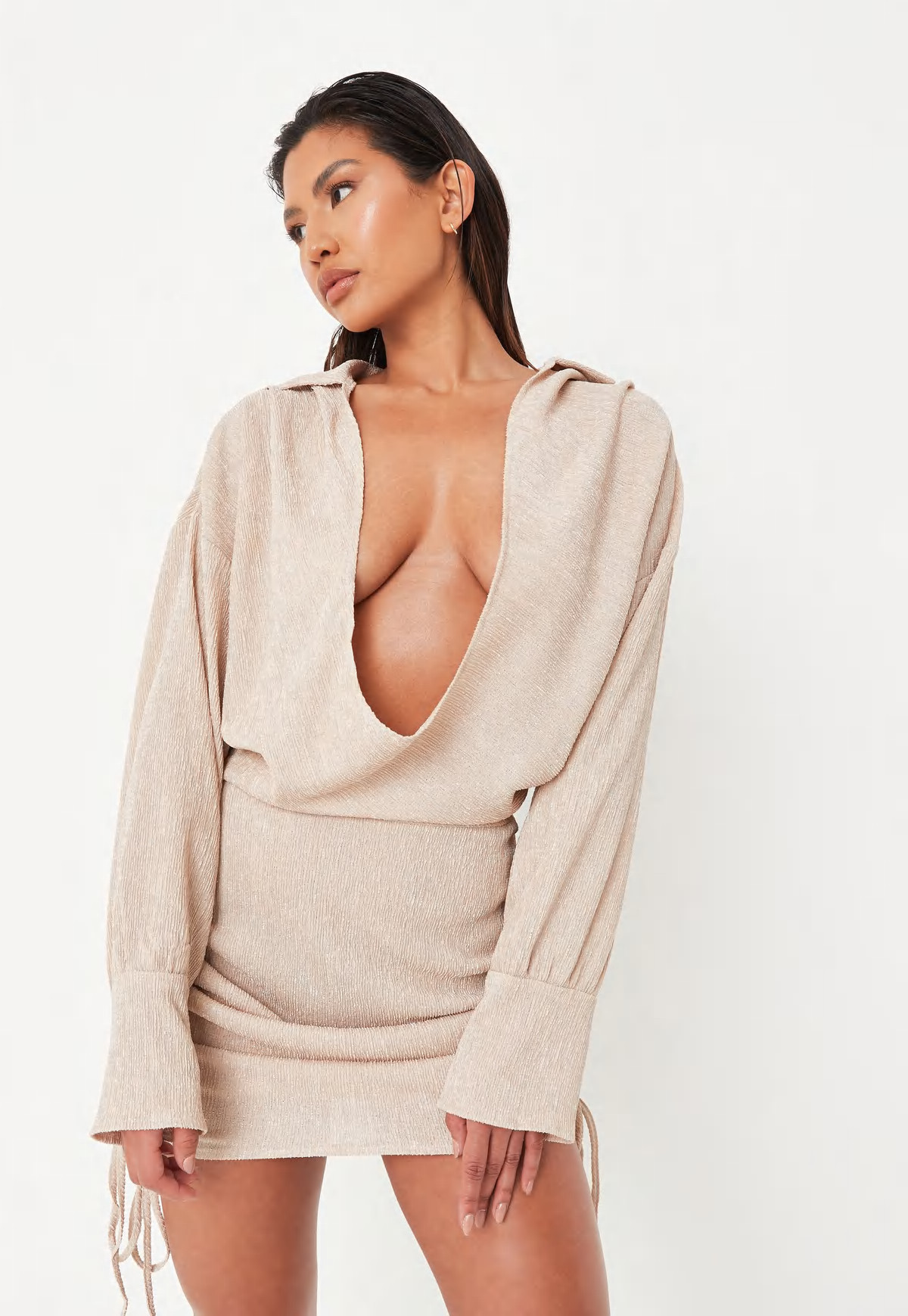 Cream Crinkle Textured Drape Front Mini Dress | Missguided (US & CA)