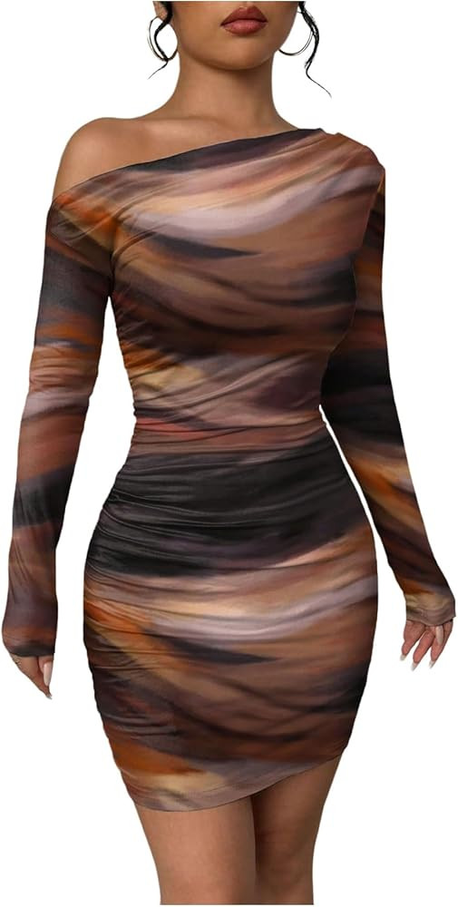 Women's Off Shoulder Ombre Tie Dye Bodycon Dress Long Sleeve Slim Fit Pencil Mini Dresses | Amazon (US)