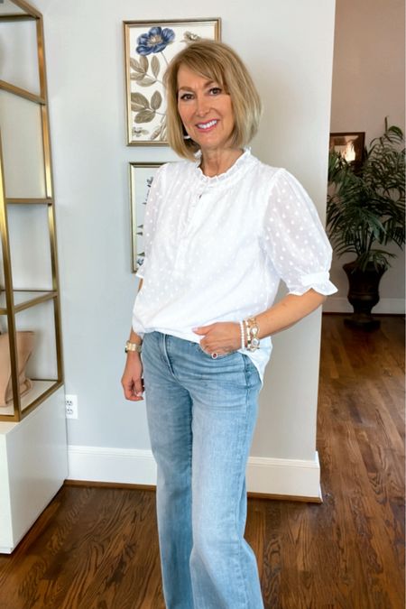 Henley Puff Sleeve Sheer Dot Blouse is so feminine and pretty! Comes in XXS to xxl. Use my code CARLA10 for discount! 
Best fitting wide leg jeans fit like a dream and are so flattering.

#LTKSeasonal #LTKover40 #LTKstyletip