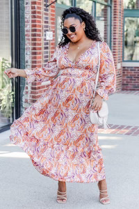 It's All A Dream Rust Multi Paisley Satin Ruffle Trim Maxi Dress | Pink Lily